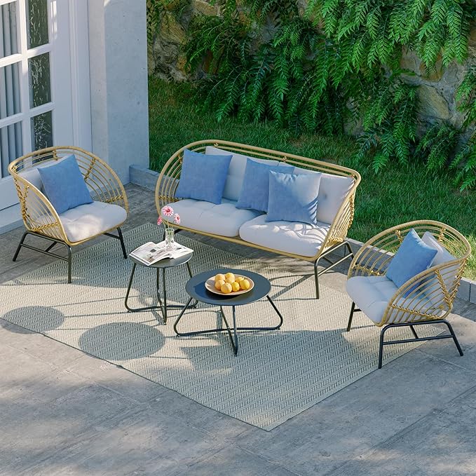Grand patio Patio Furniture Set, Outdoor Wicker Patio Conversation Seating Chair with Cushions and Coffee Table, Boho Seating Chat Set for Indoor Outdoor, Balcony, Porch, Garden, Deck