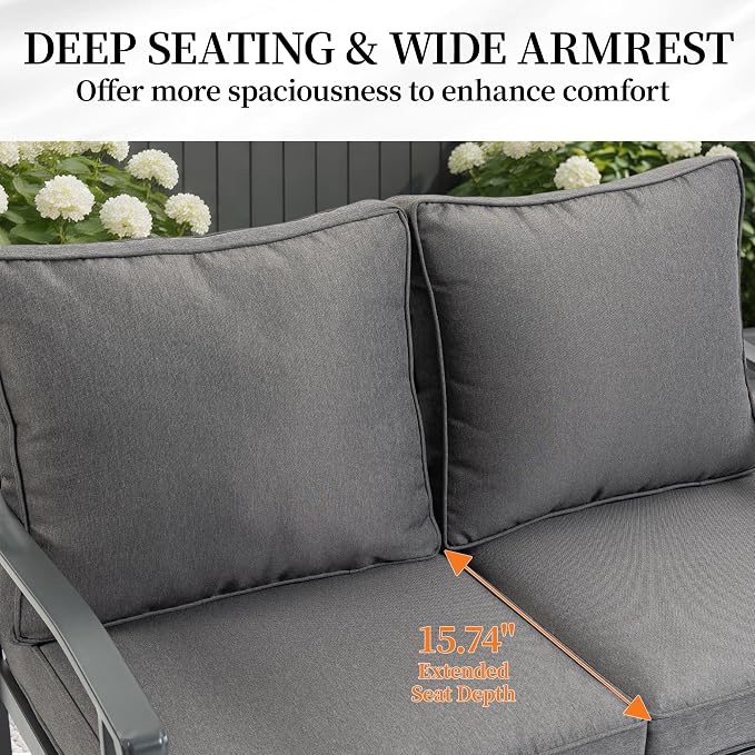 Outdoor Patio Furniture Set, 2 Seats, Oversized Outdoor Sectional with Washable Thick Cushions, Coffee Table and Waterproof Cover, Patio Conversation Sets for Porch, Balcony, Grey