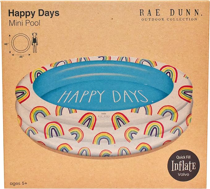 Coconut Float Rae Dunn x Mini Pool with Rainbow Graphics - Happy Days! Inflatable Swimming Pool for Kids - Great Splash Pool for Backyard, Summer Parties & Swim Events Ages 5+