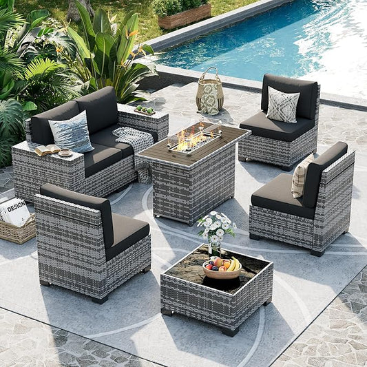 UDPATIO Patio Sectional Sofa with Fire Pit Table, 8 Inch Armrest 7-Piece Wicker Conversation with Waterproof Cover for Backyard Deck, Grey/Black