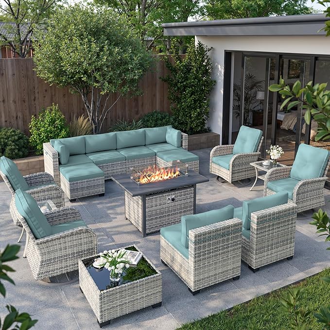 16-Piece Outdoor Patio Furniture Set with Rocking Swivel Chair, Wicker Rattan Sectional Sofa Conversation Set with 55,000 BTU Fire Pit Table with Ottomans, Backyard Furniture, Light Blue