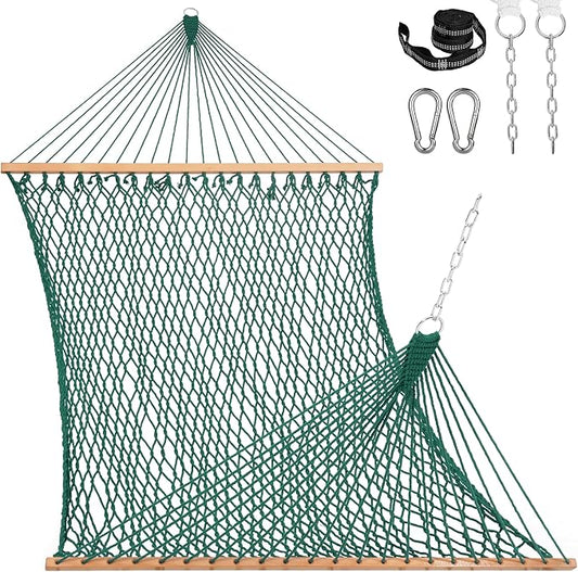 Lazy Daze Hammocks 12FT Double Rope Hammocks, 2 Person Hand Woven Cotton Hammock with Spreader Bar for Outside, Patio, Poolside, FIT 13-15 FT Stand, Max 450 Lbs, Green, 141 x 57 inches