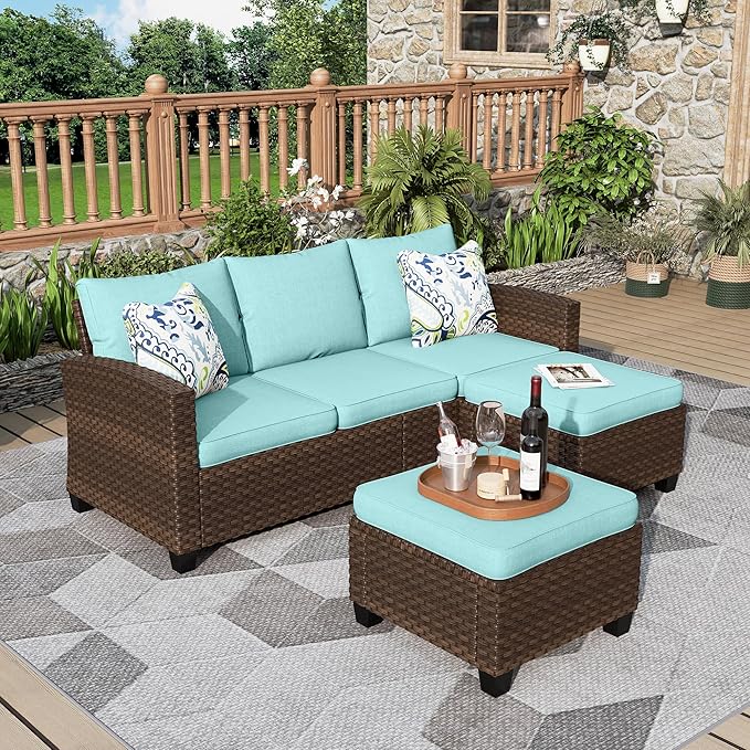 3 Pieces Wicker Patio Furniture Set, Rattan Outdoor Conversation Set with 3-Seater Sofa, 2 Pieces Ottomans, Blue