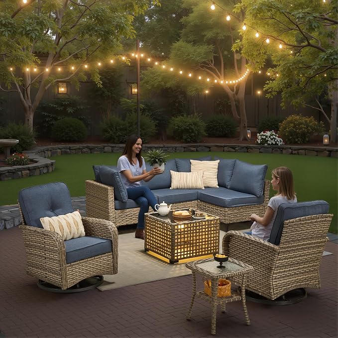 CAODOC Outdoor Sectional Patio Furniture Set,8 Pieces Wicker Conversation Sets L Shaped Couch,Out Door Sofa Outside Furniture with Swivel Chairs,Light Blue