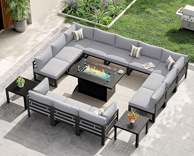 NICESOUL 15 Piece Oversized Aluminum Outdoor Patio Furniture Set with Fire Pit Table & Side Table, 29" Deep Wide Sectional Seating, 500 lbs High Weight Capacity Conversation Set for Deck, Light Gray