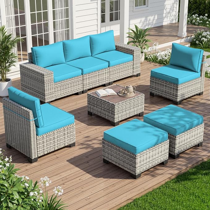 8-Piece Outdoor Patio Furniture Set Wicker Rattan Sectional Sofa Set with Ottomans, Patio Conversation Set with Thickened Cushions & Coffee Table for Backyard, Turquoise