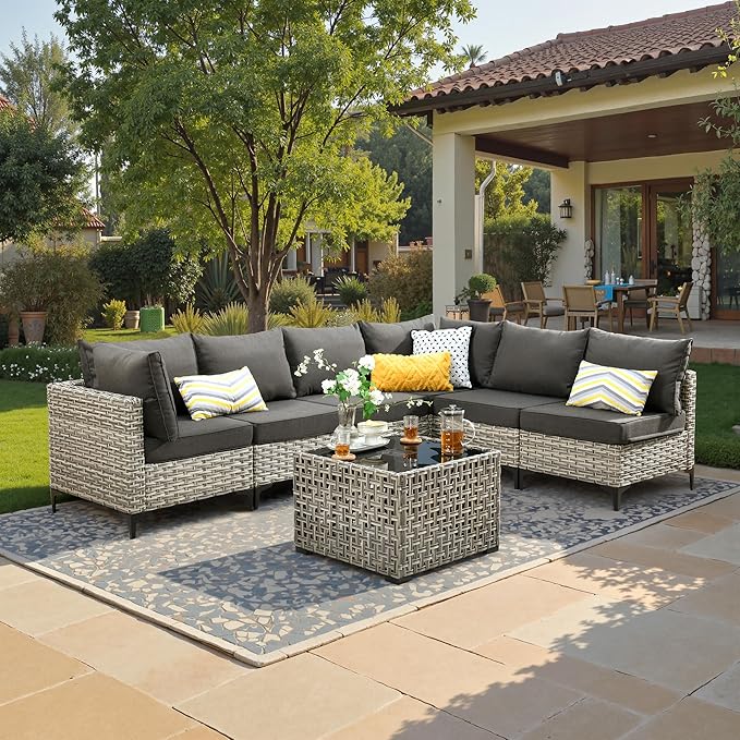 7 Piece Outdoor Patio Furniture with Glowing Coffee Table, Rattan Wicker Conversation Set with Sofa, Sectional Single Chairs for Outside Porch Balcony Backyard Pool,Black