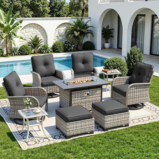 9-Piece Small Patio Furniture Set, Outdoor Swivel Rocking Chairs Set with 55,000 BTU Fire Pit Table Wicker Chairs and Ottomans, Patio Bistro Set for Balcony, Deck, Porch, Black