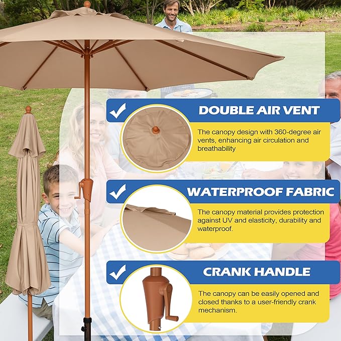 Sunnyglade 9FT Outdoor Patio Umbrella, Market Table Umbrella with 8 Sturdy Ribs and Crank System, Fade-resistant & Waterproof for Garden Backyard Poolside Deck