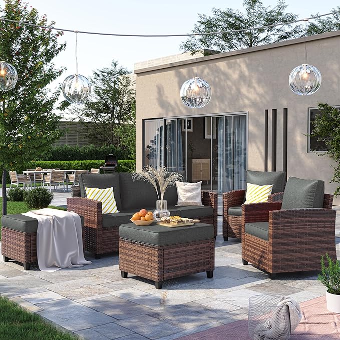 Patio Furniture Set, 5 Pieces Outdoor Sectional Sofa Couch with Chairs, Ottomans and Thick Cushions, All Weather Wicker Rattan Patio Conversation Set Dark Grey