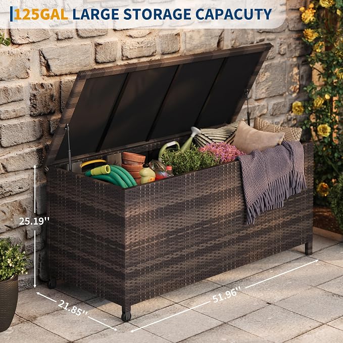 Litake Large 125 Gallon Outdoor Deck Storage Box with Wheels & Handles – Heavy Duty Waterproof PE Rattan Chest – Weatherproof Patio, Garden, Poolside Organizer –Brown