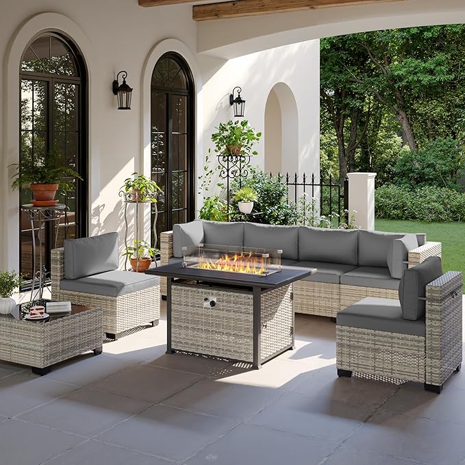 8-Piece Modern Patio Furniture Set with 55,000 BTU Fire Pit Table, Thick Cushions, Dual-Strand Wicker Rattan, Rust-Resistant Frame, Grey