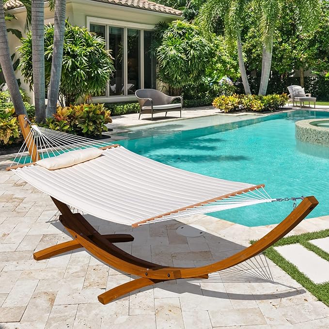 Lazy Daze Hammocks 12 FT Double Quilted Fabric Hammock and 13 FT Brown Wood Arc Stand, with Spreader Bar, Removable Pillow, 2 Person Hammock for Poolside Outdoor Patio, 450 lbs Capacity, Natural