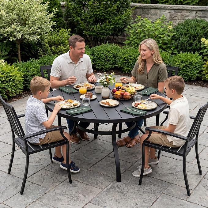 SUNCROWN 53 Inch Round Outdoor Patio Dining Table, All Weather Black Metal Steel Slat Table with 1.5" Umbrella Hole, Weather Resistant Outside Furniture for Lawn Garden Backyard Porch