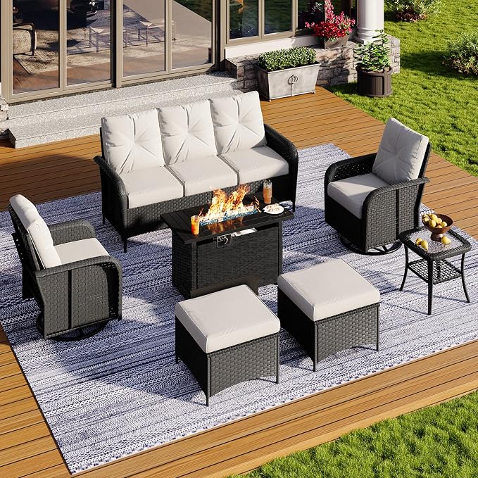 Aoxun 7-Piece Patio Furniture Set with 44” Fire Pit Table, Wicker Rattan Outdoor Sectional Sofa with High Back Swivel Rocker Chairs, Outdoor Patio Furniture Set with Thick Cushions & Ottoman, Beige
