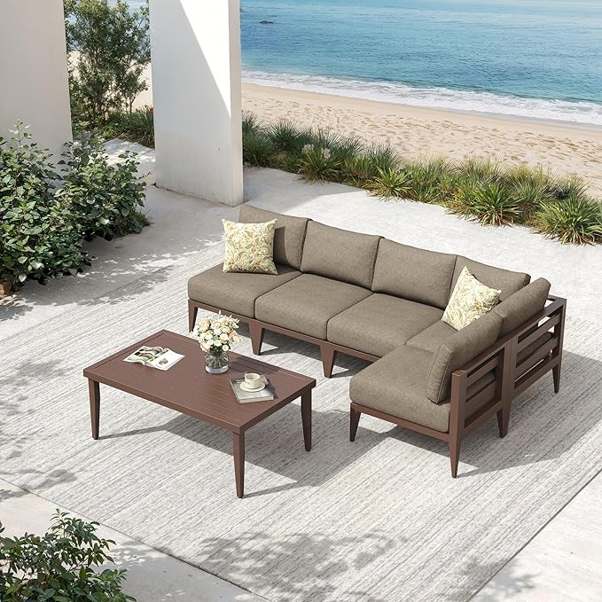 6-Piece Aluminum Outdoor Patio Furniture Set, Oversized Sectional Sofa with Corner Seat & Coffee Table, All-Weather Conversation Set for Backyard, Deck, Porch, or Balcony, Brown