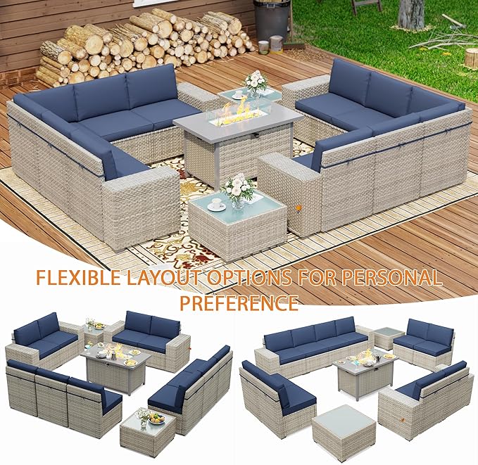 13 Piece Patio Furniture Set, 8" Wide Arm Sectional Sofa Set with 50000 BTU Propane Fire Pit Table & Coffee Table, Rattan Outdoor Conversation Set for Garden, Porch, Lawn, Blue