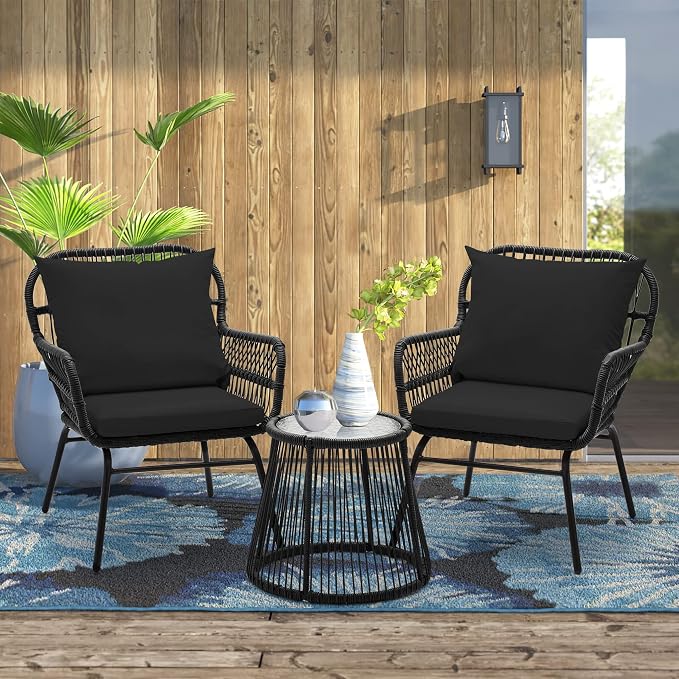 EROMMY 3-Piece Patio Conversation Bistro Set, Outdoor All-Weather Wicker Balcony Furniture with Tempered Glass Top Table & 2 Wide Ergonomic Armchairs, Seat Cushions for Porch Backyard, Black