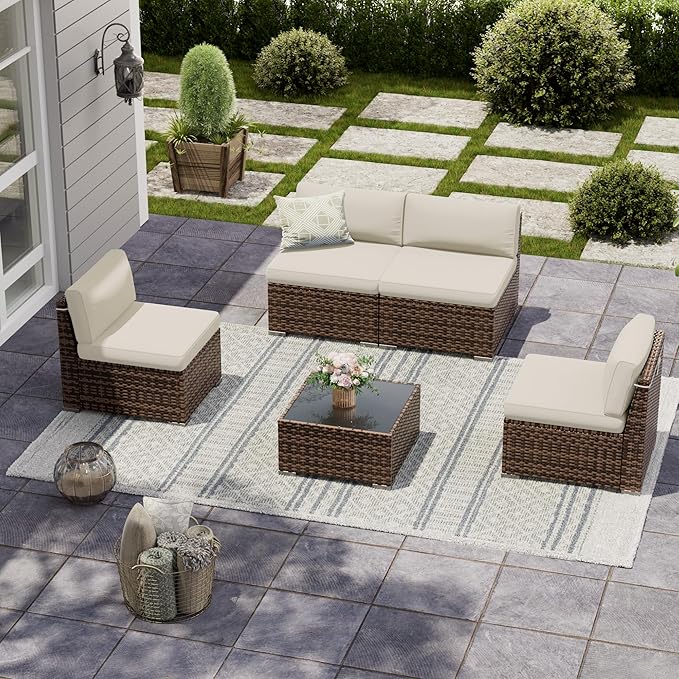 UDPATIO Patio Furniture Set, Modular Outdoor Sectional with 105°Slanted Back, 5 Pieces Rattan Conversation Set for Poolside, Backyard, Deck, with Coffee Table, Waterproof Cover, Khaki