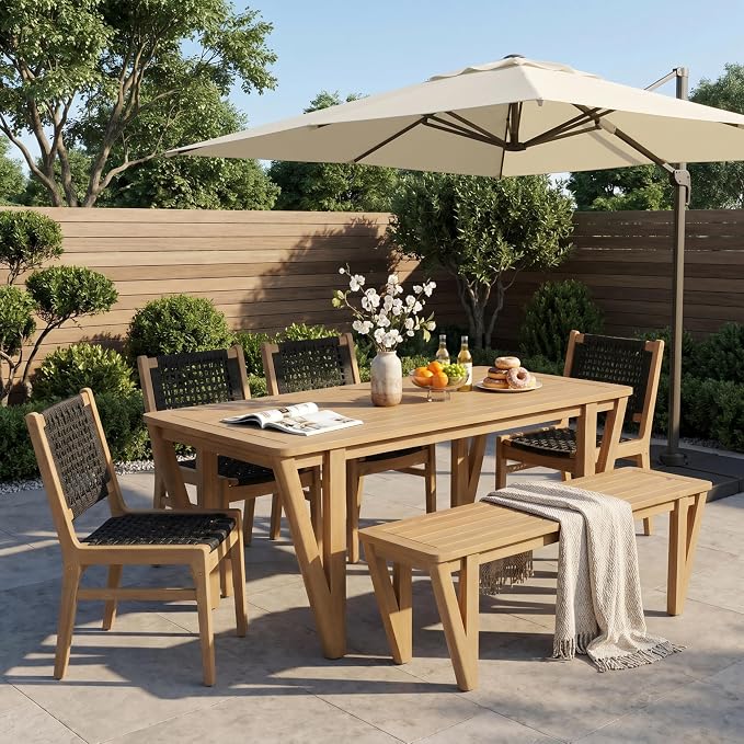 Christopher Knight Home Della Acacia Wood Dining Table Set for 6, 6 Piece Outdoor Dining Set with 70.75" Dinner Table, Bench and Armless Chairs, Patio Furniture Set for Dinner, Light Teak+Black