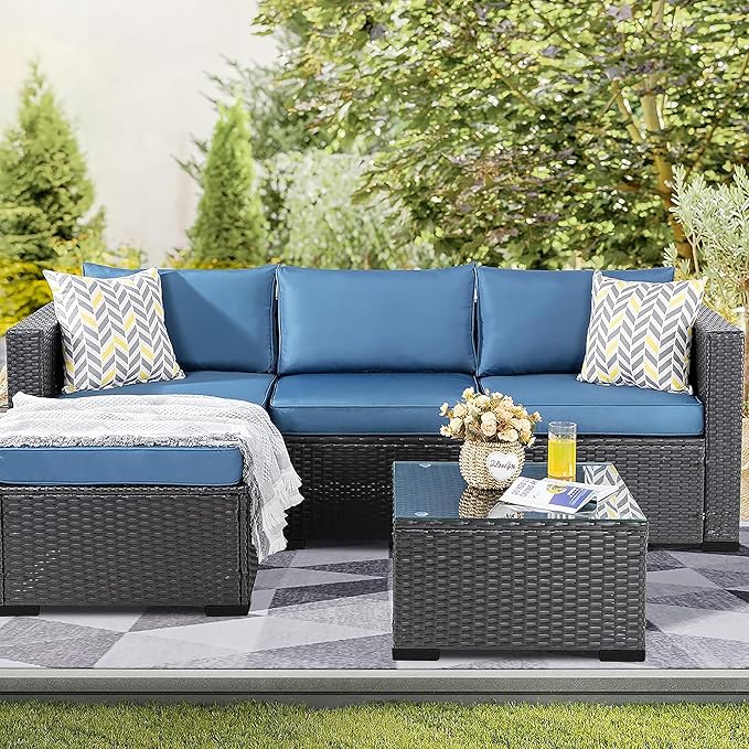 3 Pcs Patio Furniture Set,Outdoor Sectional Sofa with Washable Navy Blue Cushions,Black Wicker Outdoor Conversation Set with Glass Table,All-Weather Patio Rattan Sofa Couch for Poolside,Backyard