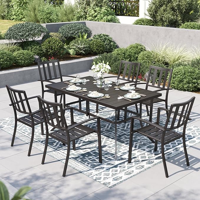 PHI VILLA 7 Piece Outdoor Dining Set for 6, 60” Rectangular Metal Steel Table with Umbrella Hole & Stacking Wrought Iron Chairs, Large Furniture Set for Patio, Deck, Yard - Black