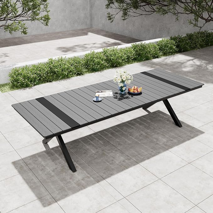 Pellebant 118" Outdoor Dining Table for 8-12, 10ft Aluminum Patio Table with Umbrella Hole, Weather Resistant Grey Wood Grain Tabletop and Sturdy Frame for Deck, Porch, Backyard