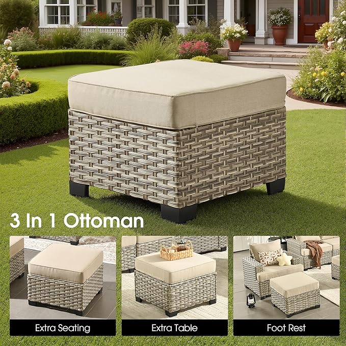 Outdoor Sectional Patio Furniture Set,9 Pieces All Weather Rattan Wicker Conversation Sets,Out Door Furniture with Ottoman Single Chair,Beige