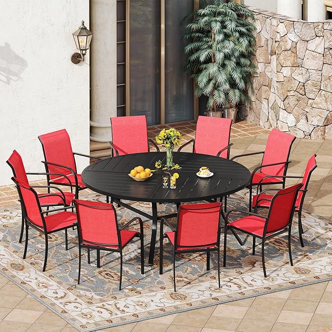 VICLLAX 11 Pieces Patio Outdoor Dining Set, 60" Large Round Metal Table with Umbrella Hole and 10 Stackable Textilene Chairs for Patio, Lawn, Garden, Porch, Black/Red