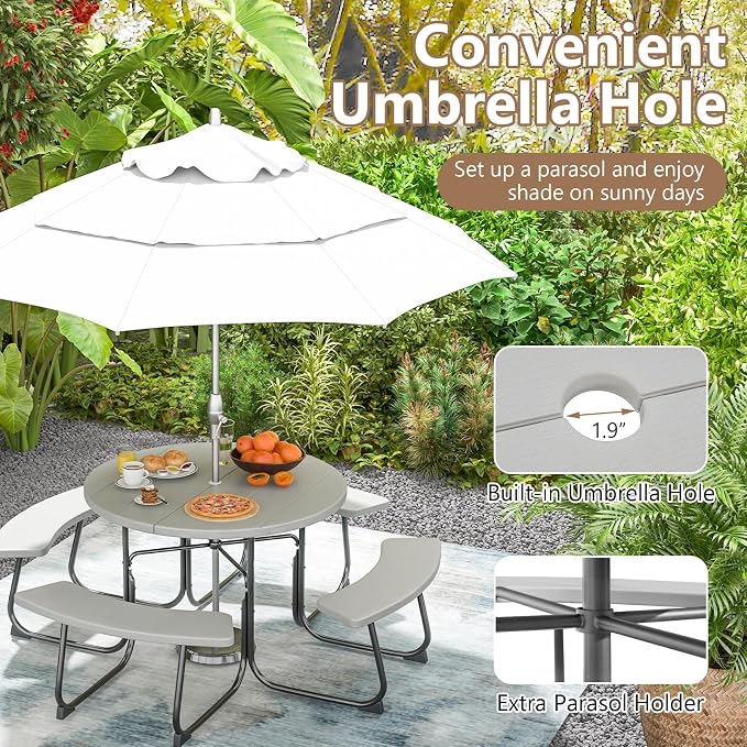 COSTWAY Round Picnic Table with Umbrella Hole, Outdoor Picnic Table with Bench Set for 4-8 People, HDPE Tabletop, Patio Dining Furniture Set for Family Gatherings, BBQ Party, Backyard (Grey)