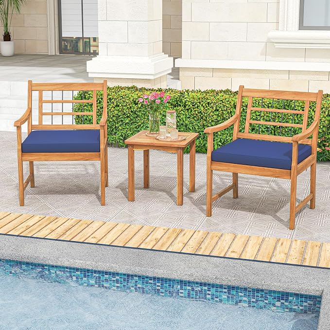 HAPPYGRILL 3 Piece Acacia Wood Patio Conversation Set, Outdoor Bistro Set with Cushions, Solid Wood Frame, 2 Armchairs & Coffee Table Set for Backyard, Porch, Poolside (Navy)