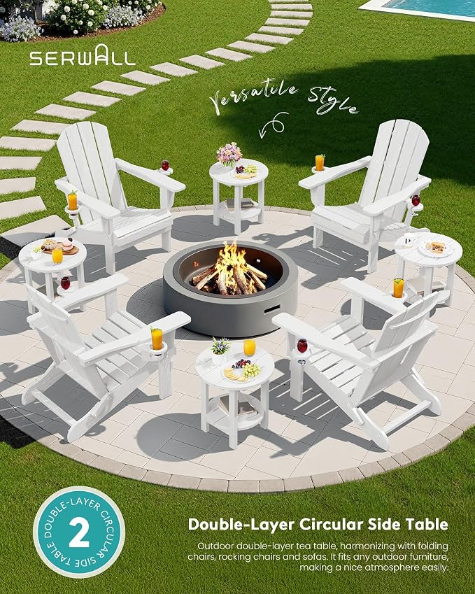 SERWALL Round Outdoor Side Table Set of 2, HDPE Small Adirondack Double End Table, White