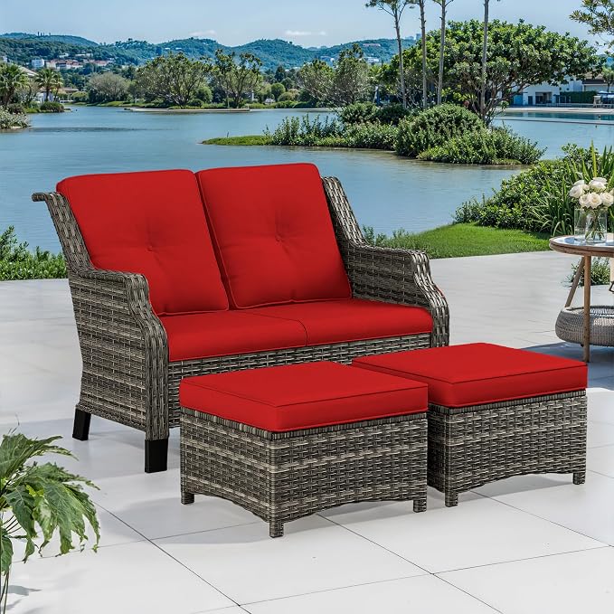 3 Piece Patio Furniture Set, 2-Seater Loveseat and 2 Ottomans PE Wicker Footstool, Outdoors Rattan Conversation Set with Deep Seating and Olefin Cushions, for Backyard, Garden, Red