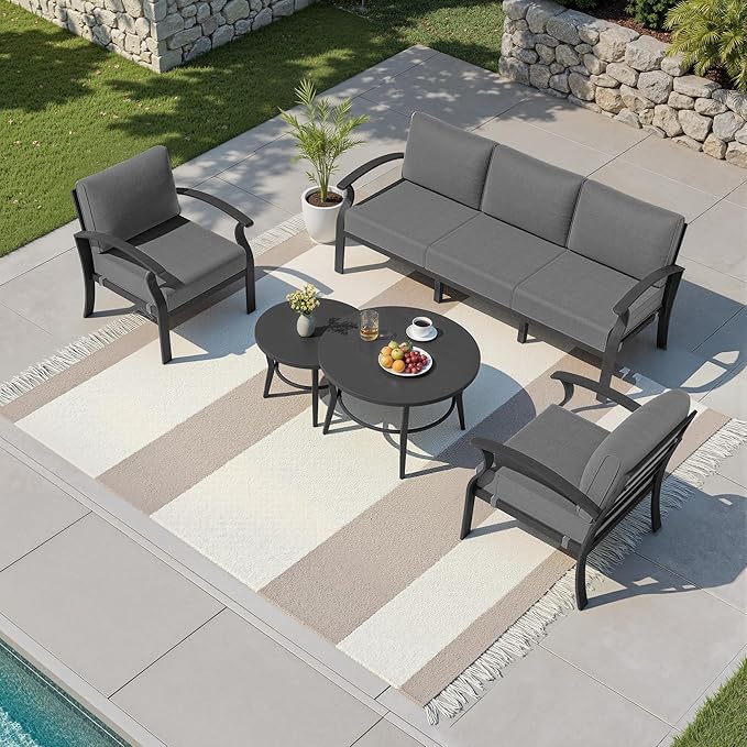 Kullavik Aluminum Patio Furniture Set with 2 Round Coffee Tables,5-seat Metal Outdoor Sectional Furniture w/5.1" Cushions,Patio Conversation Sets for Garden,Backyard,Porch-Grey