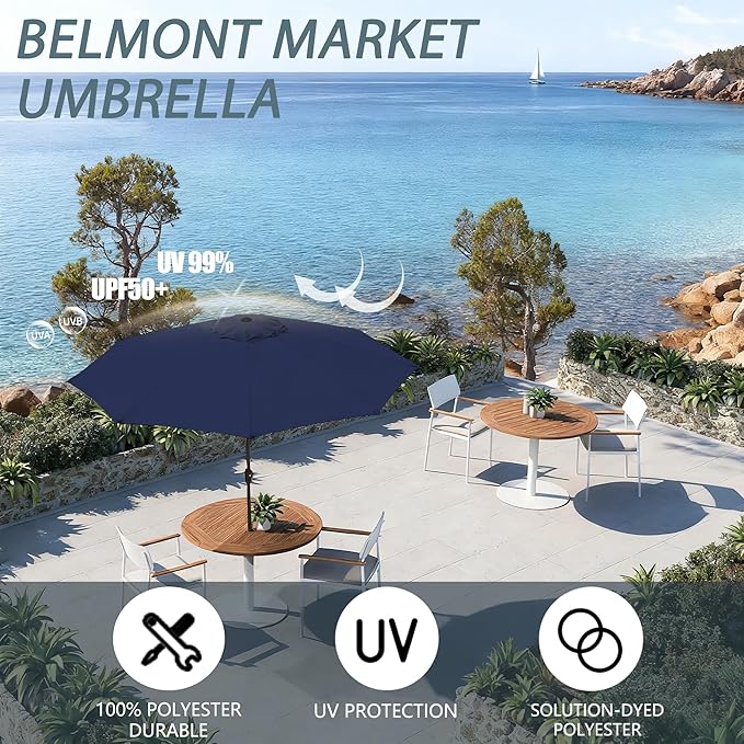 9FT Large Outdoor Patio Umbrella Market Table Umbrella-UV Resistant, Easy Push Button Tilt and Crank, 8 Sturdy Ribs Heavy-Duty Pool Umbrella for Deck,Blue