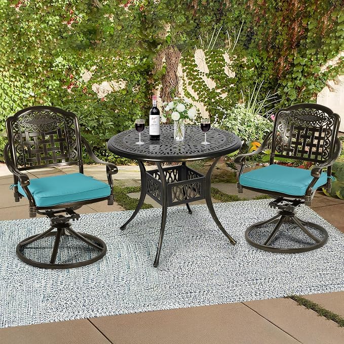 3-Piece Outdoor Patio Dining Set, All-Weather Cast Aluminum Patio Furniture Set for Backyard Garden Deck with 2 Swivel Cushioned Chairs and 35.4” Round Table, 2" Umbrella Hole, Ocean Blue