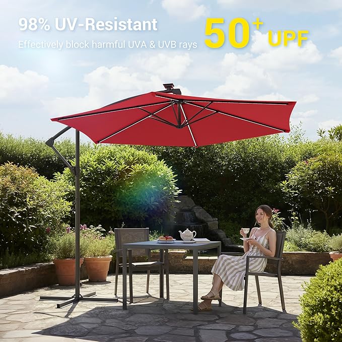 10ft Offset Patio Umbrella with Solar Light Strips,Outdoor Cantilever Hanging Umbrella with Cross Base, Fade Resistant Recycled Fabric, for Pool, Deck, Garden,Backyard,