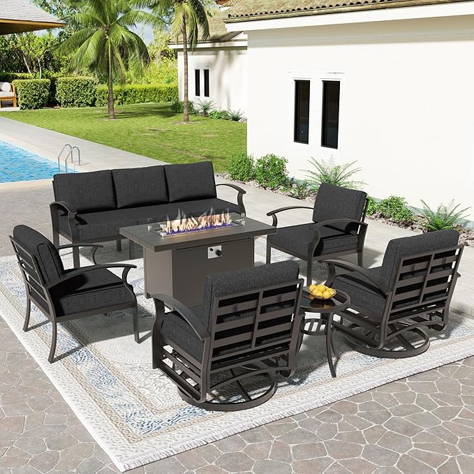 Aluminum Patio Furniture Set with 55,000 BTU Propane Fire Pit Table,7 Seats Metal Modern Outdoor Furniture w/5.1" Cushions,Patio Sectional w/Swivel Chairs for Patio,Backyard,Black
