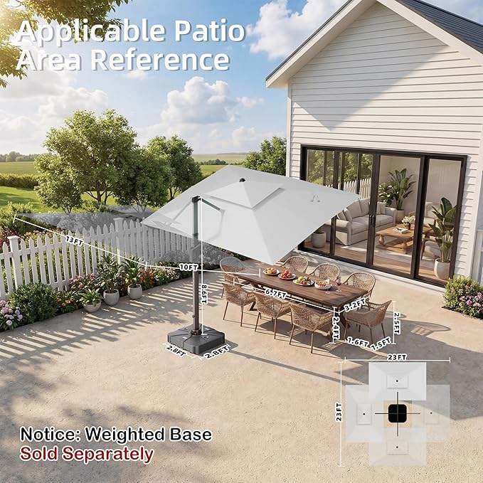 10' X 13' Patio Umbrella with LED Lights Outdoor Cantilever Large Rectangle Offset Umbrellas Heavy Duty Aluminum Double Top with 360-degree Rotation for Pool Garden Deck, Fog Grey