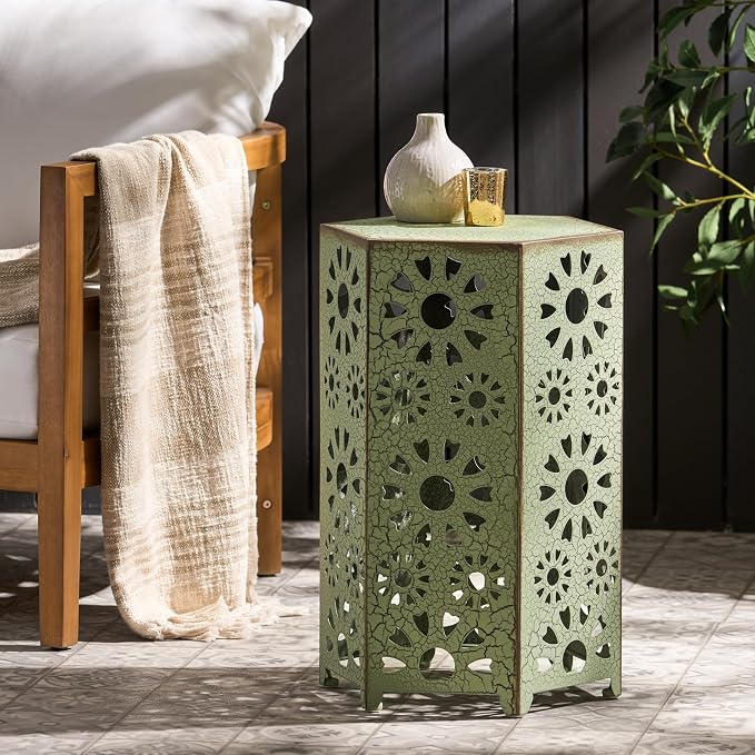 Metal Outdoor Side Table, Sunburst Cut-Out Design, Vibrant Color Addition, No Assembly & Lightweight, Patio Side Tables for Outside, Garden, Entertaining,Green