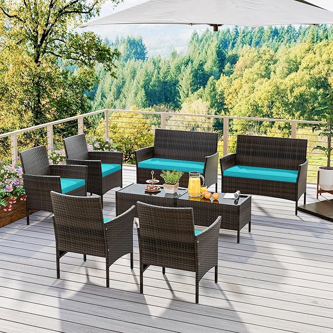 HAPPYGRILL 8 Pieces Outdoor Rattan Conversation Set, Patio Wicker Furniture Set with Loveseat Chairs & Tempered Glass Coffee Table, Outside Sectional Sofa Set for Backyard, Garden, Poolside