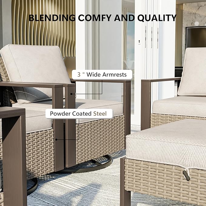 Outdoor Patio Furniture Set, 6 Piece Wicker Patio Conversation with Deep Seating, Thicken Cushions, Outdoor Swivel Rocker Patio Chairs, Metal Outdoor Furniture for Deck, Porch, Yard Use