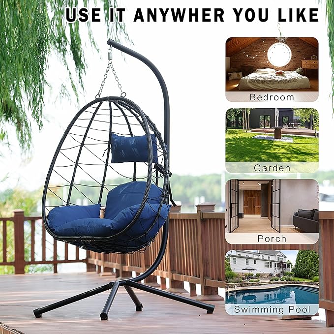 Hanging Egg Chair with Stand, Comfy Indoor/Outdoor Rattan Swing Hammock Chairs, 350lbs Capacity for Patio, Bedroom, Garden (Navy Blue)