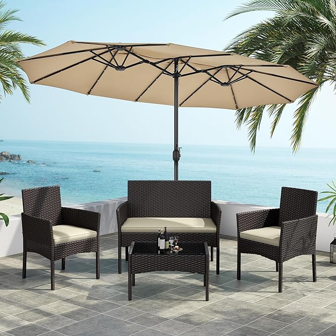 Yaheetech Patio Furniture Set 4 Pieces Conversation Sets, Rattan Chair Wicker Set Loveseat with Soft Cushion and Glass Table for Backyard Porch Garden Poolside Balcony, Brown and Beige