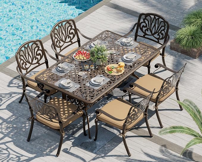 TITIMO 7-Piece Cast Aluminum Patio Dining Set, Outdoor Dining Furniture Patio Conversation Set, Rectangular Table w/Umbrella Hole for Backyard Deck Poolside (Khaki-Fixed Elizabeth Chair, 7 Pcs)