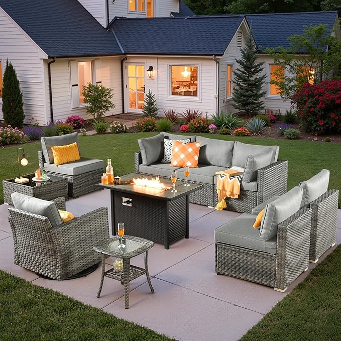 10 PCS Outdoor Patio Furniture Sets with 42'' Fire Pit Table,Wicker Weather Resistant Patio Conversation Set with Wicker Rocking Chair,Modular L Shaped Sofa with Coffee Table for Yard,Dark Grey