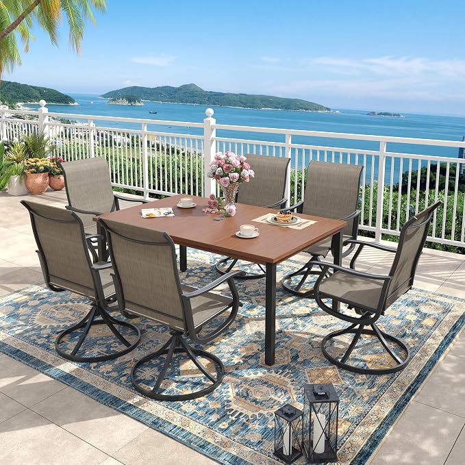 Outdoor Dining Set for 6, 63" Metal Outdoor Dining Table with Umbrella Hole and Sling Patio Swivel Chairs, 7 Pieces Patio Table and Chairs Set for Garden Backyard, Mixed Brown and Walnut