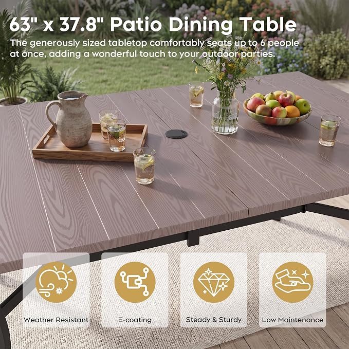 Outdoor Dining Table for 6-63" x 38" Matel Patio Table with E-Coated Finish, 1.6" Umbrella Hole for Garden, Backyard