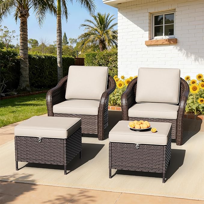 Outdoor Chairs Set with Ottomans, 4 PCS Patio Conversation Furniture Set with Removable Cushions, All-Weather Wicker Furniture for Porch, Backyard, Deck, Sunroom (Beige)