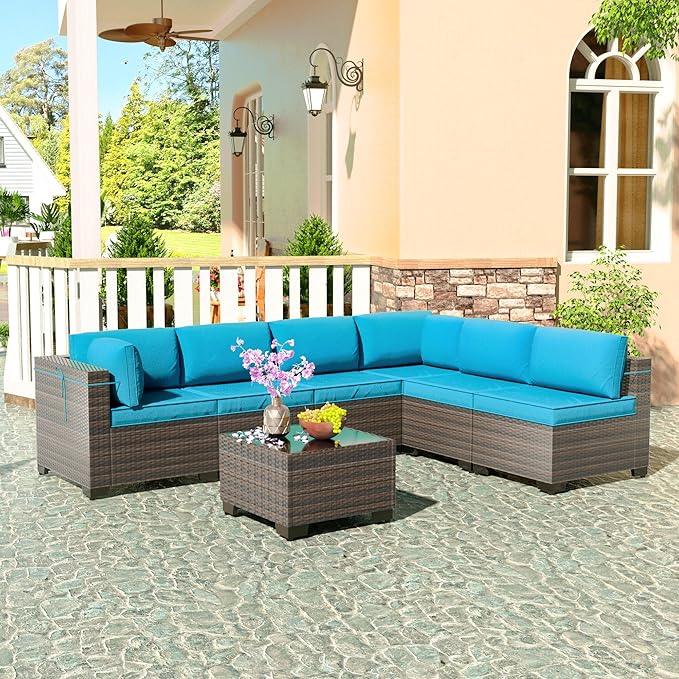 7 Pieces Outdoor Patio Furniture Sets,Wicker Conversation Set Sectional Sofa,Includes 6 All-Weather High Back PE Rattan Seating Components w/Thickened Cushions&Coffee Table,Green Blue